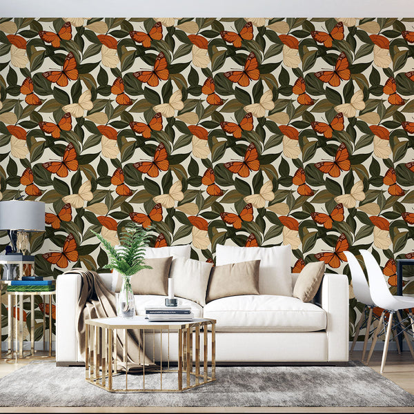 Orange Butterfly Wallpaper | Cream Wings on Lush Foliage
