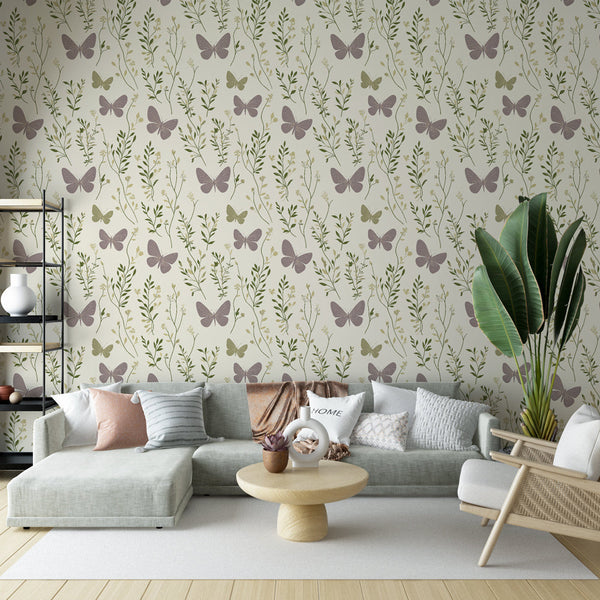 Butterfly and Foliage Wallpaper | Cream Ground Wall Mural