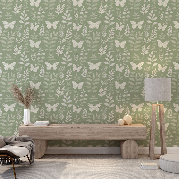 Butterfly and Foliage Wallpaper | Wings on Soft Green