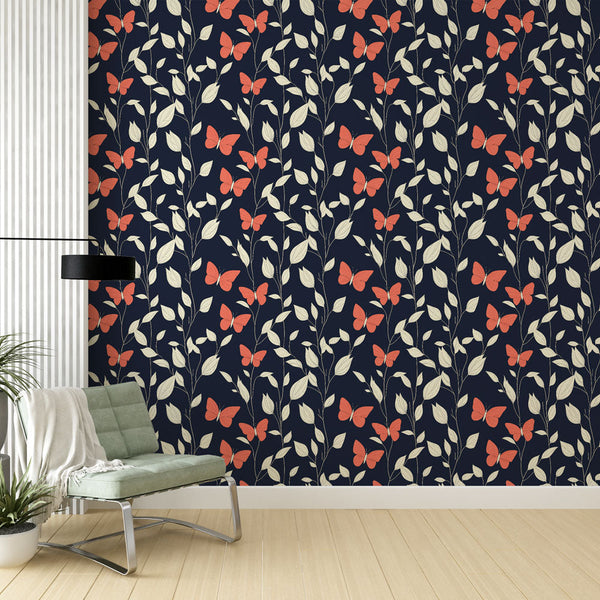 Red Butterflies Wallpaper on Navy Blue Background