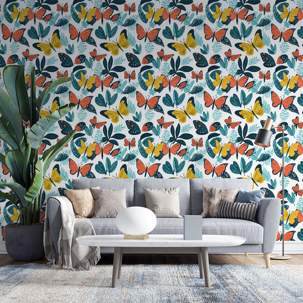 Colourful Butterflies and Foliage Wallpaper on White