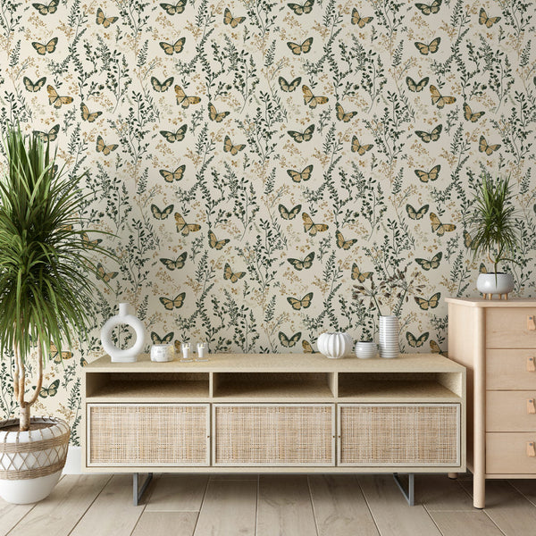 Butterfly & Foliage Wallpaper | Delicate Motif on Light