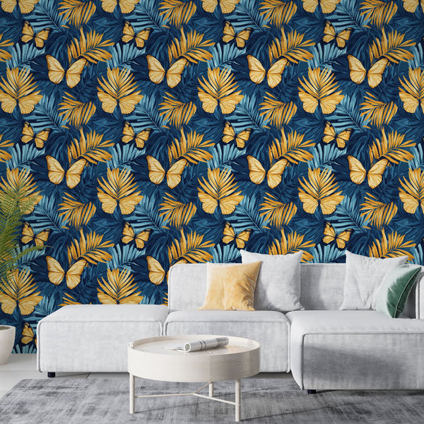 Tropical Butterfly Wallpaper | Gold Wings on Blue Wall Mural