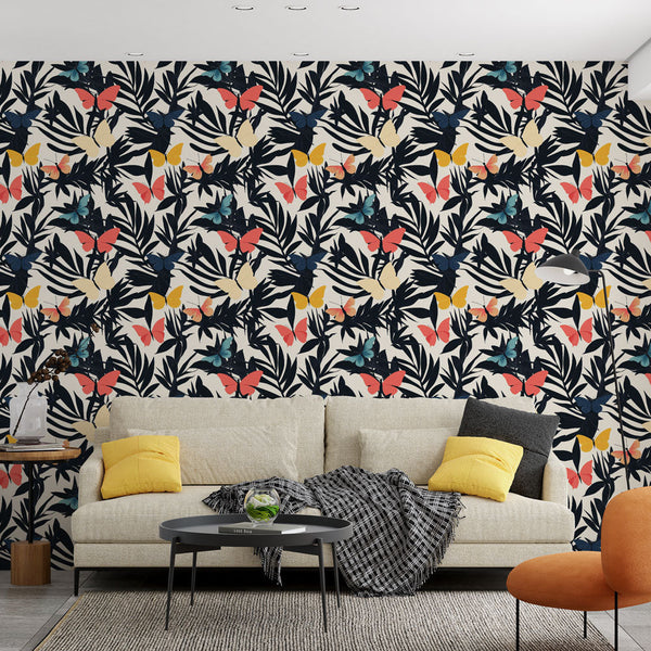Vibrant Butterflies Wallpaper on Floral Botanical Ground