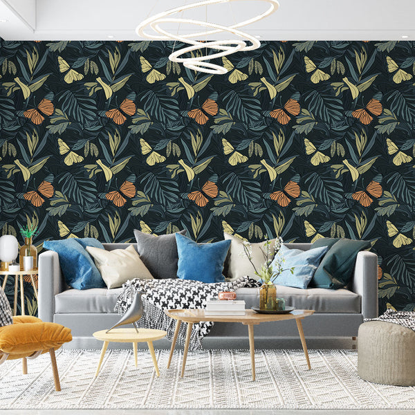 Butterfly & Foliage Wallpaper | Vibrant Butterflies on Dark