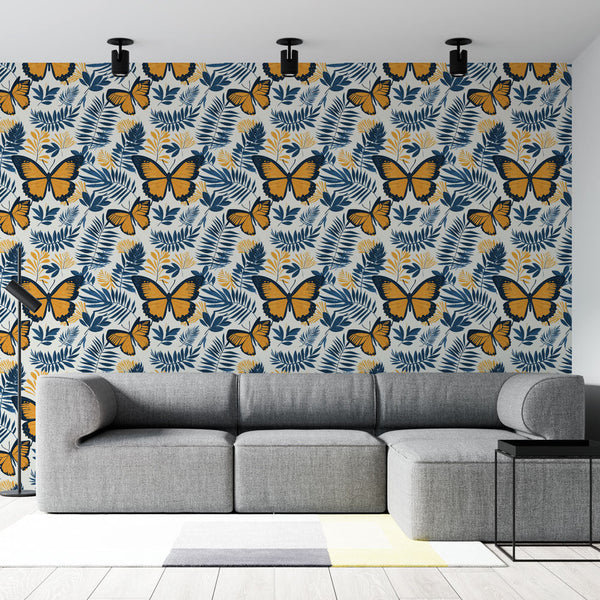 Butterfly Leaf Wallpaper | Yellow Wings on Navy Wall Mural