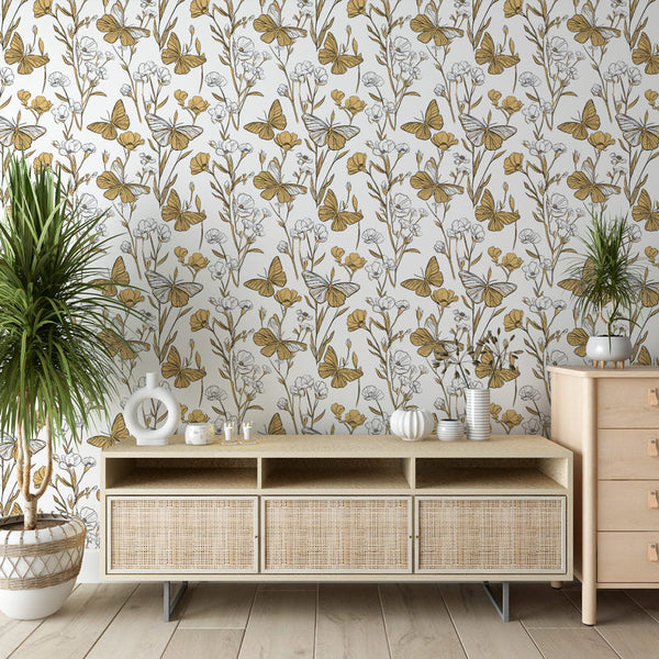 Butterfly Wallpaper | Gold Butterflies and White Blooms