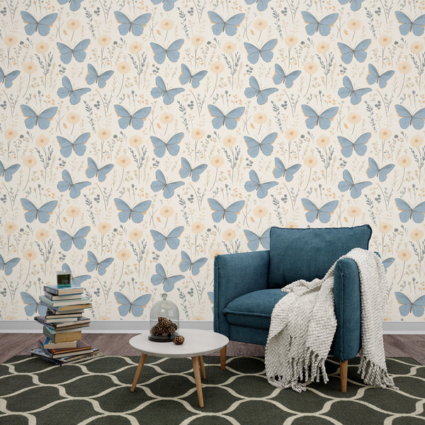 Butterfly Wallpaper | Blue Butterflies and Soft Blooms on Cream