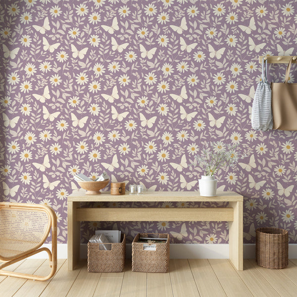 Butterfly and Floral Wallpaper | Daisies on Soft Violet