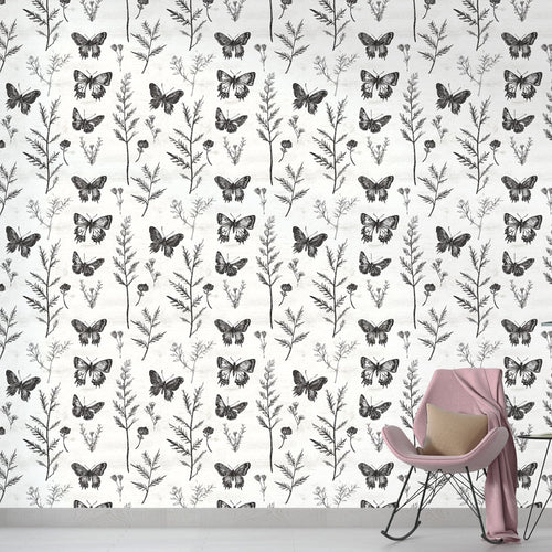 Black and white butterfly wallpaper with butterflies and flowers in monochrome