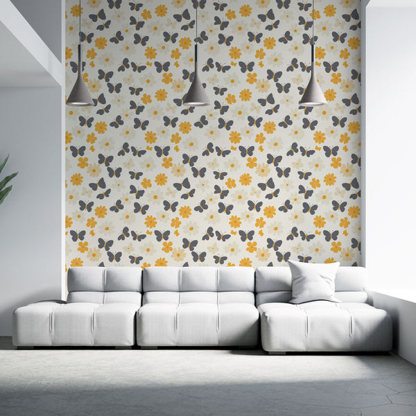 Butterfly Wallpaper | Grey Butterflies and Yellow Blooms
