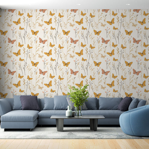 Butterfly and Flower Wallpaper | Yellow Wings Wall Mural