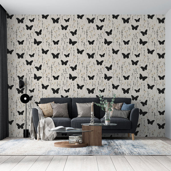 Butterfly & Flower Wallpaper | Black Butterflies on Light Beige