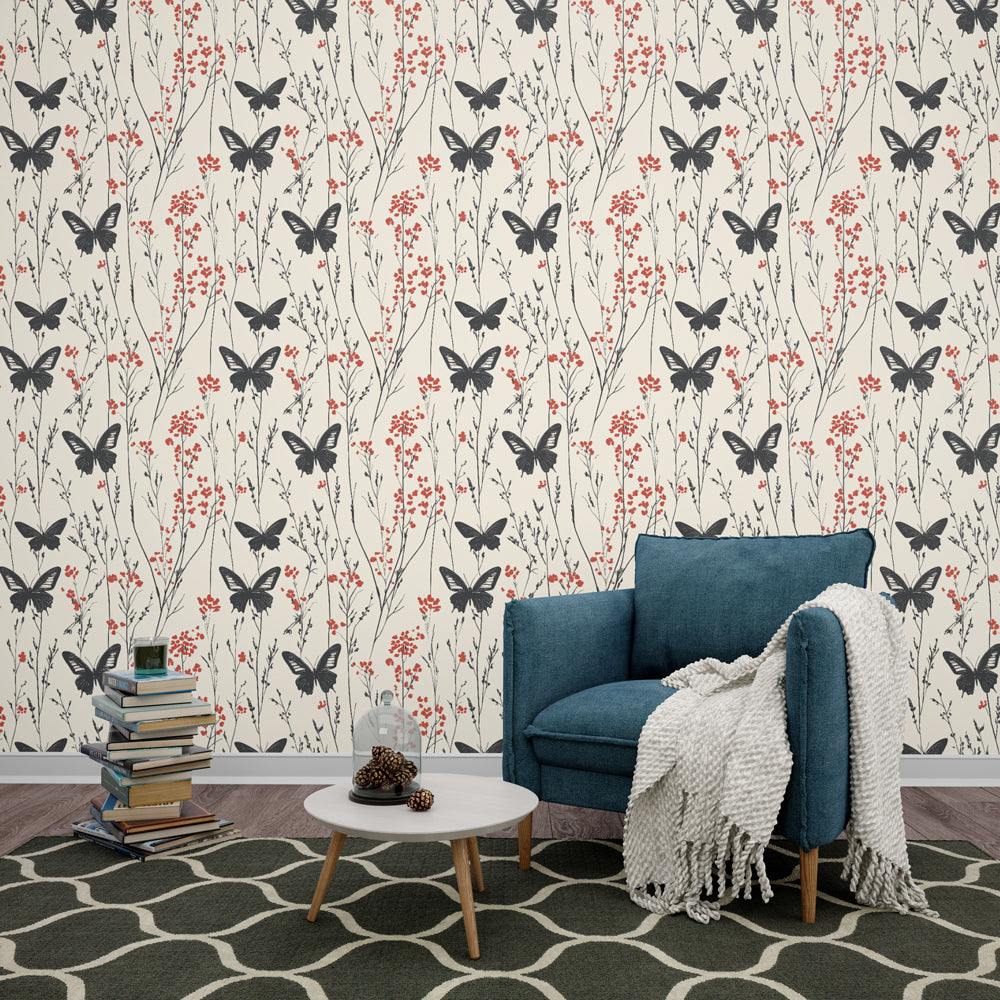 Butterfly Wallpaper | Black Wings & Red Flowers on Cream