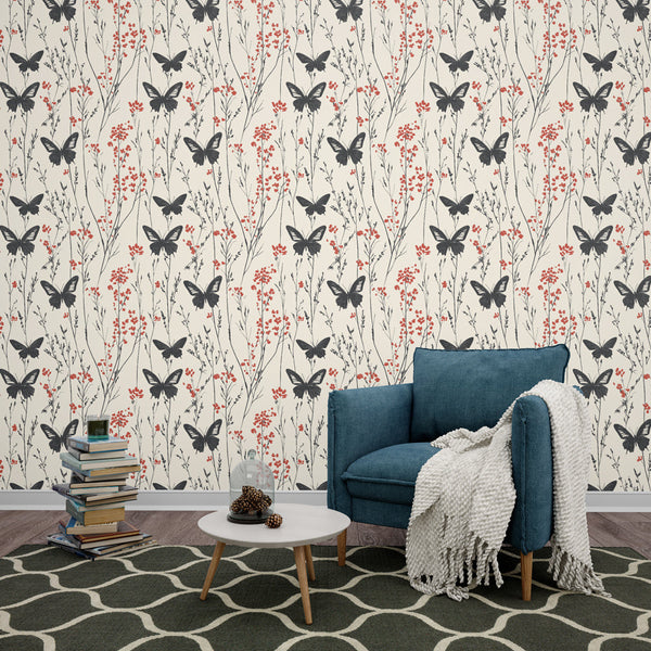 Butterfly Wallpaper | Black Wings & Red Flowers on Cream