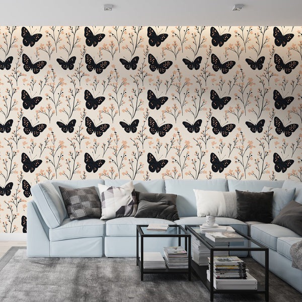 Butterfly and Flower Wallpaper | Black Wings on Soft Florals