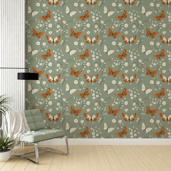 Butterfly & Flower Wallpaper | Orange Butterflies on Green Ground
