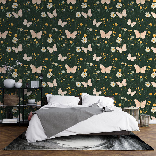 Butterflies & Flowers Wallpaper | Delicate Floral on Green
