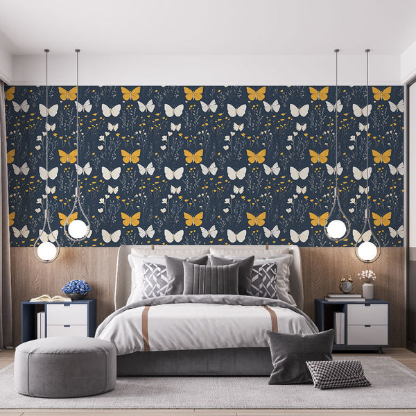 Butterflies and Flowers Wallpaper on Deep Blue Backdrop