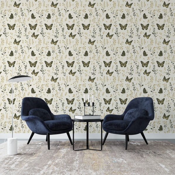 Butterfly Wallpaper | Gold & Green Botanical on Cream