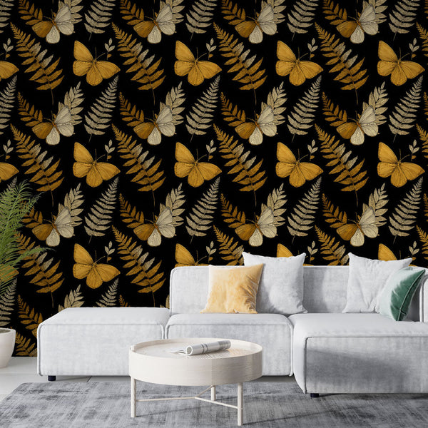 Butterfly and Fern Wallpaper | Gold on Black Wall Mural