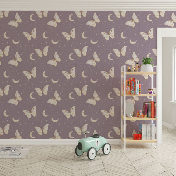 Butterfly and Moon Wallpaper | Crescent Moons on Lilac