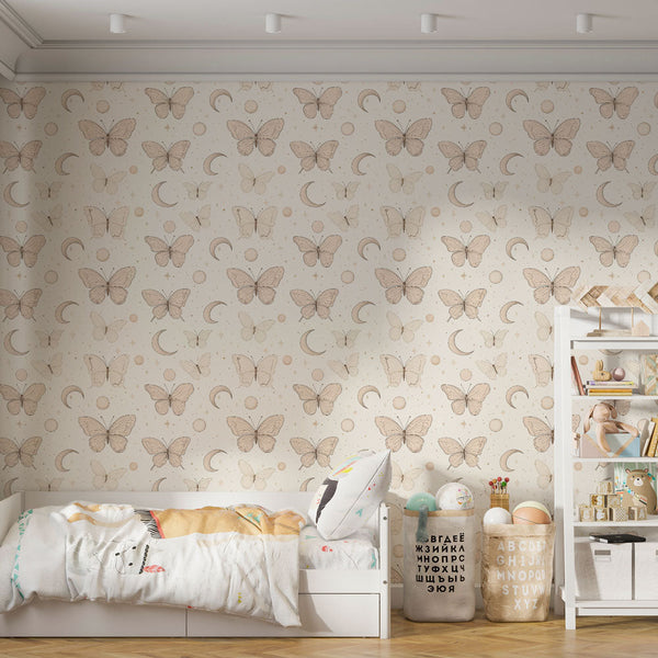 Butterfly & Moon Wallpaper | Soft Beige Celestial Motif