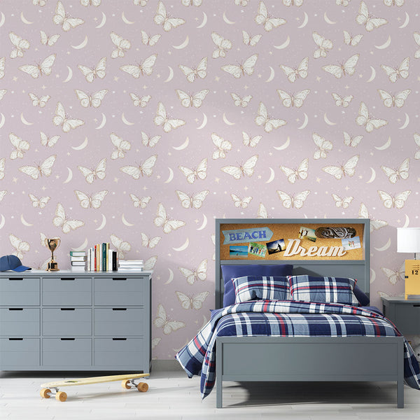 Butterfly and Moon Wallpaper | White Wings on Soft Mauve