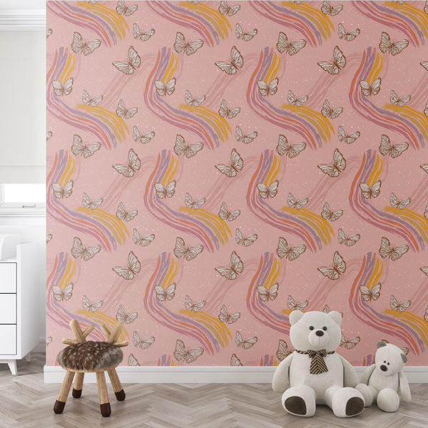 Butterfly Wave Wallpaper | Multicolor Strokes on Rose Pink