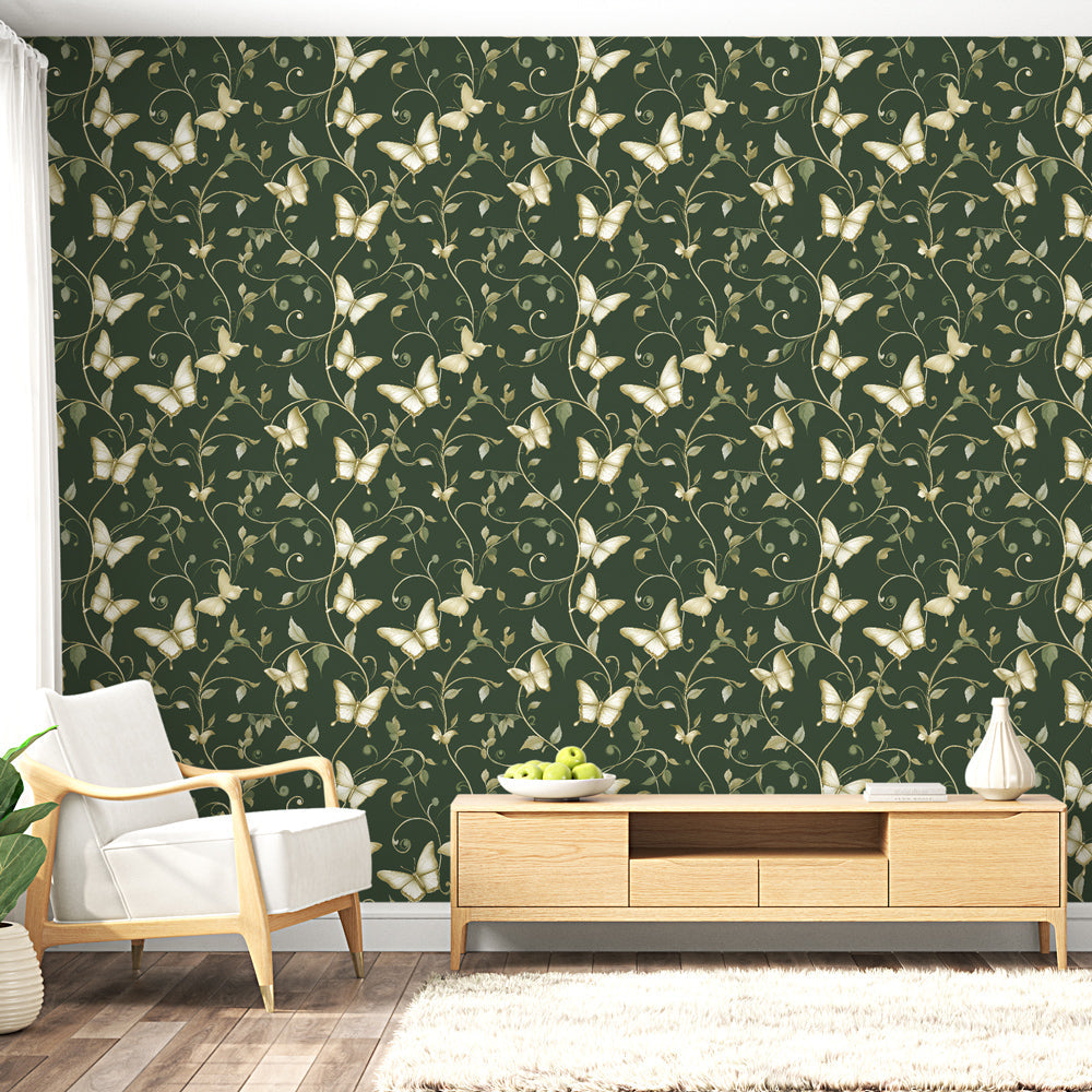 Golden Butterfly Wallpaper | Vines on Deep Green