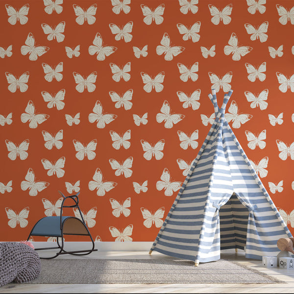 Cream Butterflies Wall Mural on Terracotta Background