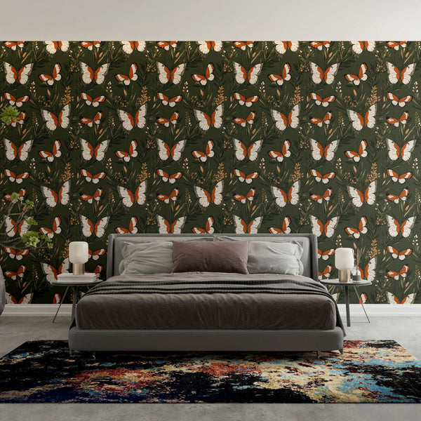 Terracotta-Toned Butterflies Wallpaper on Dark Ground