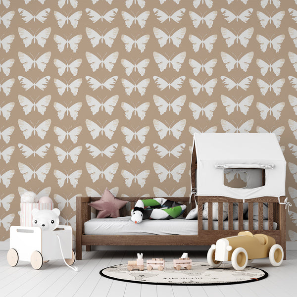 Butterfly Wallpaper | White Wings on a Warm Beige Ground