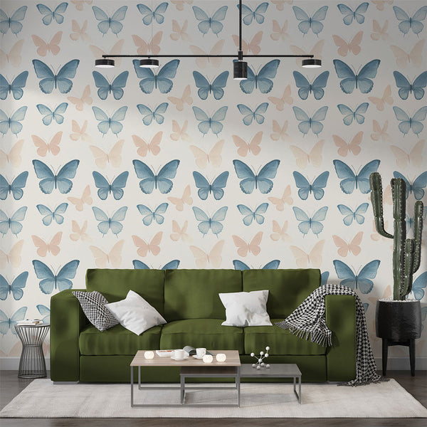 Butterfly Wallpaper | Blue and Pink Wings on Cream Wall Mural