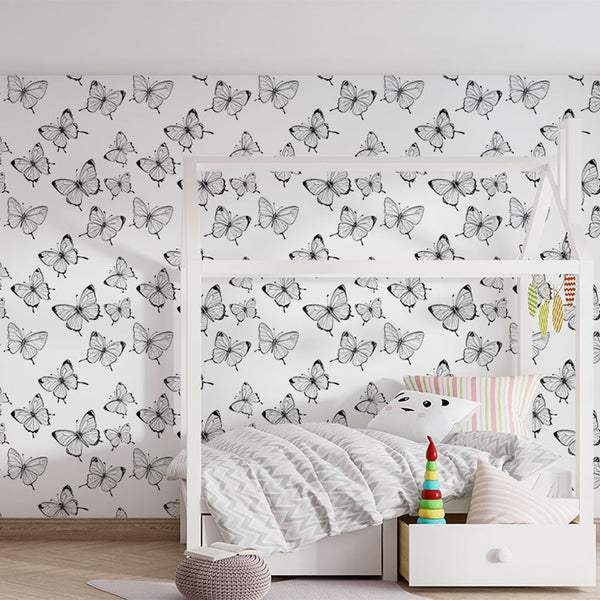 Black and White Butterflies Wall Mural on White