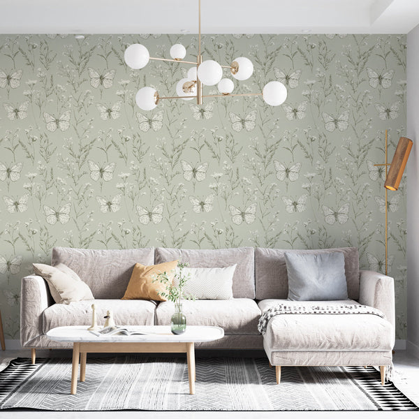 Butterfly Wallpaper | Hand-Drawn Wings and Blooms on Green
