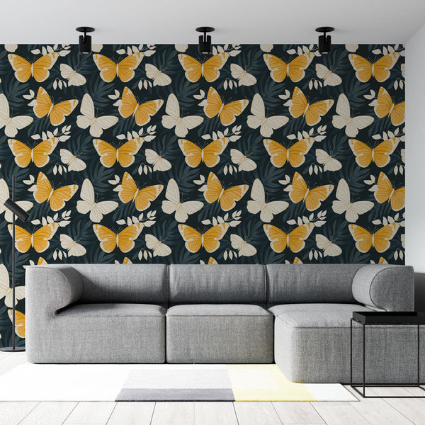 Butterfly Wallpaper | Yellow & White Wings on Dark Ground