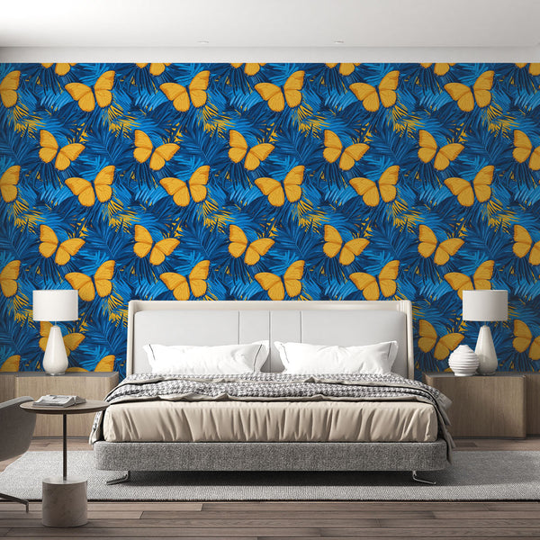 Butterfly Wallpaper | Yellow Wings on Blue Foliage Wall Mural
