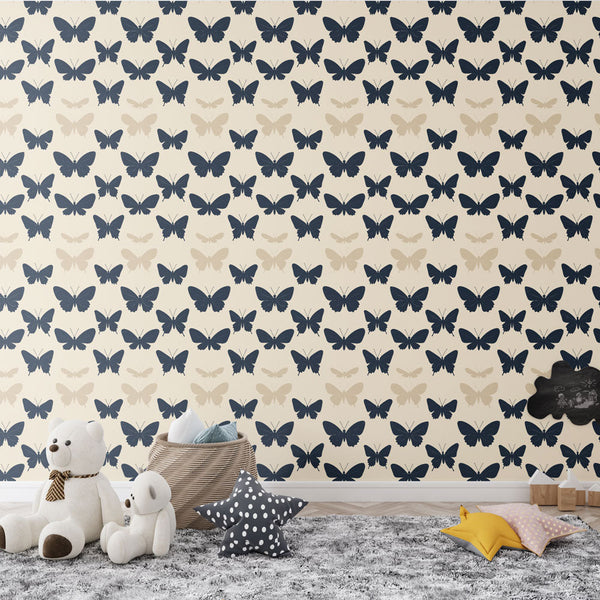 Butterfly Wallpaper | Black and Beige Butterflies on Light Ground