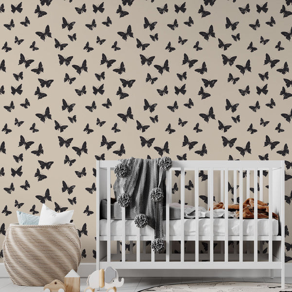 Butterfly Wallpaper | Black Butterflies on a Soft Beige Ground