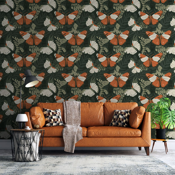 Orange and White Butterflies Wallpaper on Leafy Green