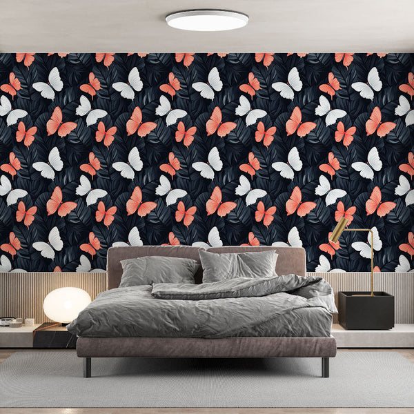 Orange and White Butterflies Wall Mural on Black Ground
