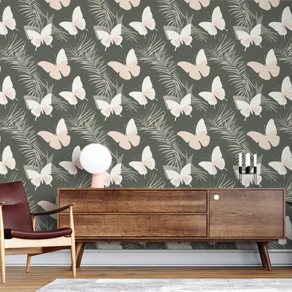 Butterfly Wallpaper | Pink Butterflies & Tropical Leaves