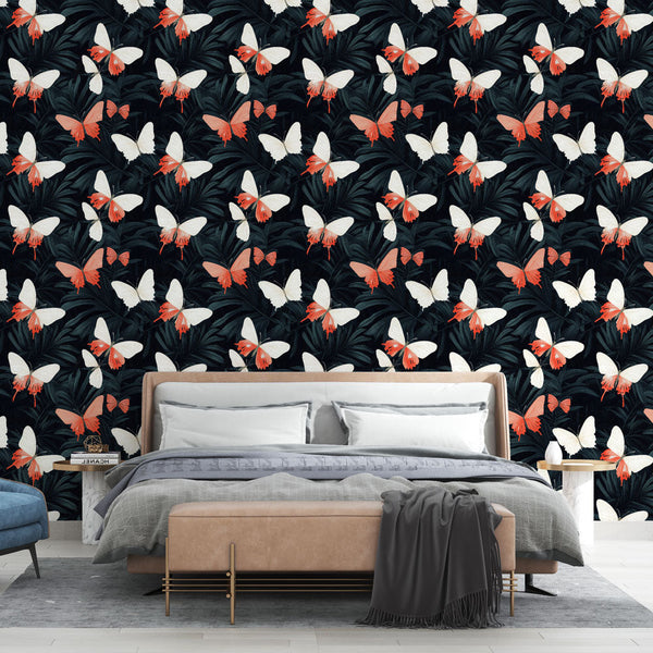Red and White Butterflies Wallpaper on Dark Ground