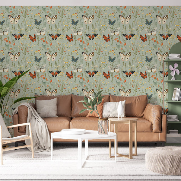 Butterfly Wallpaper | Meadow Butterflies on Pastel Green