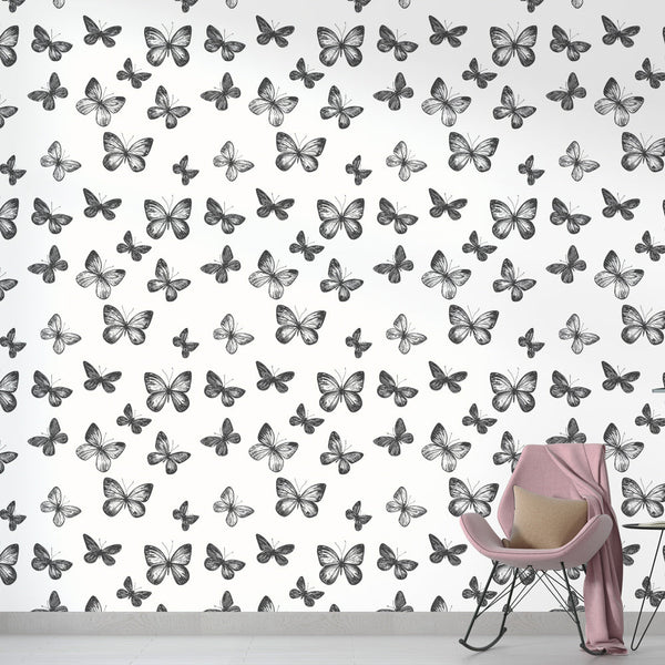 Butterfly Wallpaper | Small Monochrome Butterflies on White