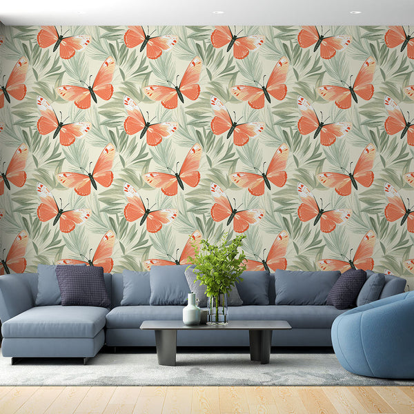 Orange Butterflies Wallpaper on Botanical Ground