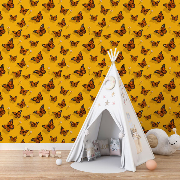 Butterfly Wallpaper | Orange Butterflies Wall Mural on Yellow