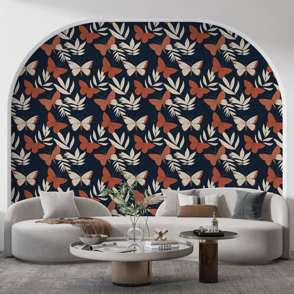 Butterfly Wallpaper | Red Butterflies and Leaves on Deep Navy