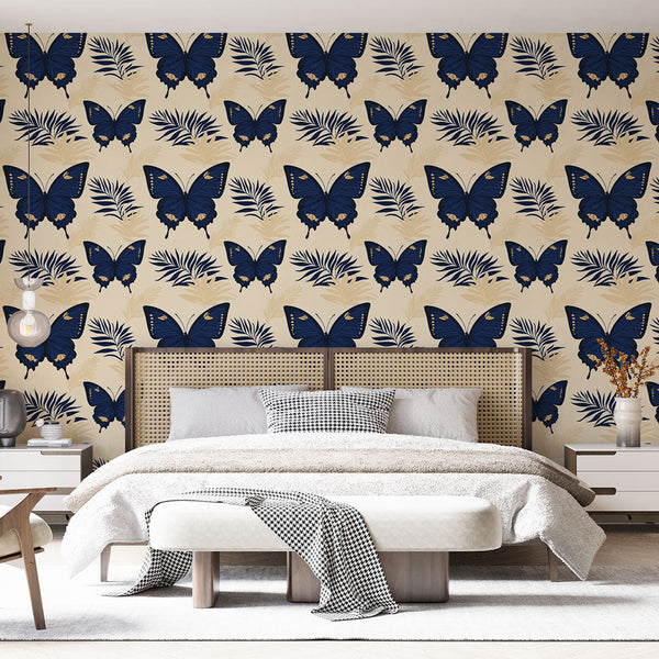 Blue Butterflies and Foliage Wallpaper on Cream